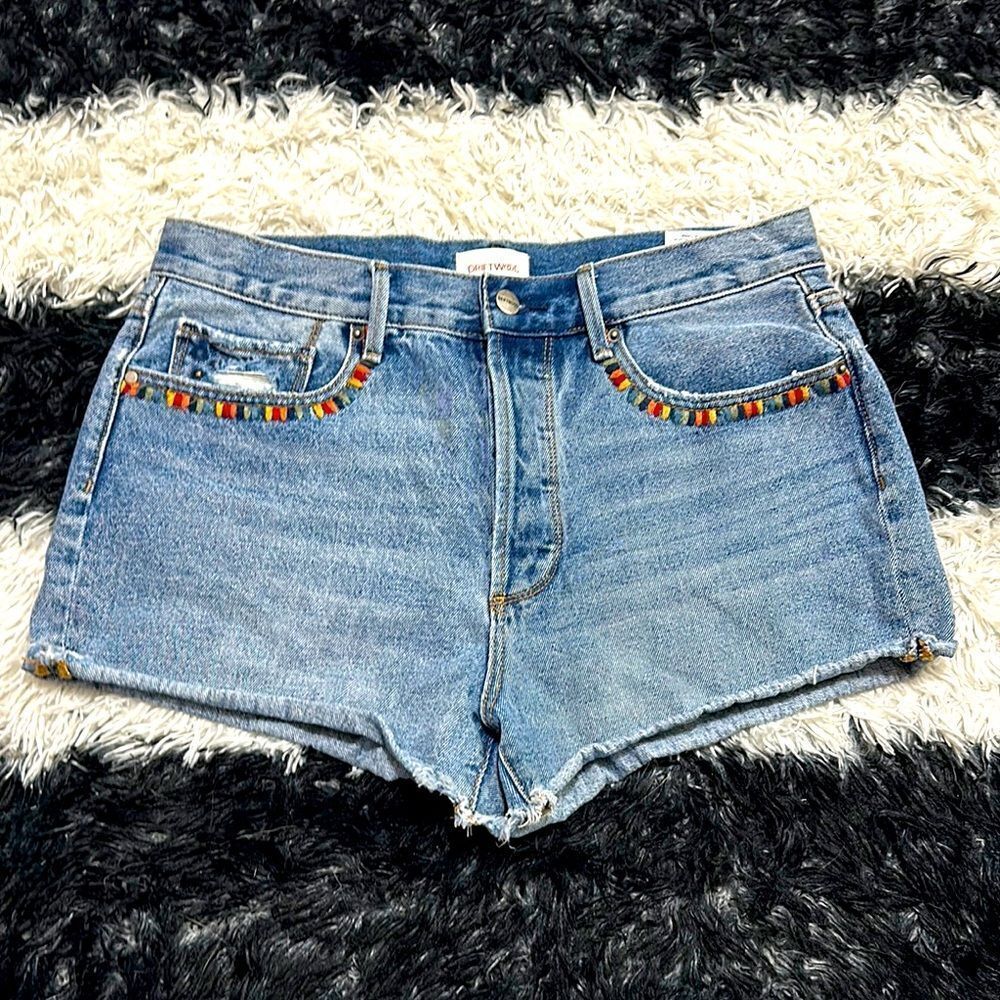 Driftwood “Goldie” Embroidered Bird Denim Shorts, Folklore, Sz 30